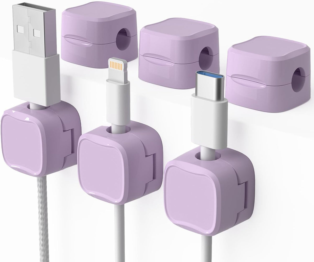 Purple magnetic cable clips 6-pack for desks and nightstands