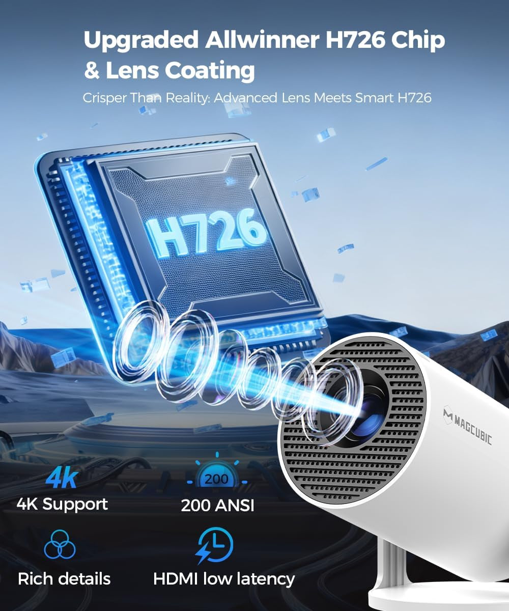 Mini Projector with Wifi and Bluetooth, 4K Support Smart Portable Projector, Small Proyector with 200Ansl & Autokeystone, 180° Rotation Hy300Pro Video Proyector for Bedroom, Movie, Outdoor