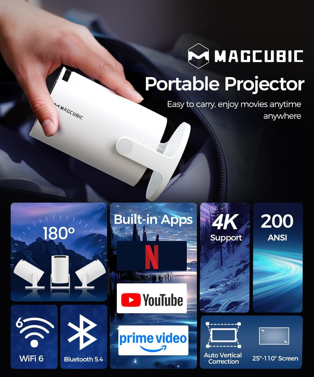 Mini Projector with Wifi and Bluetooth, 4K Support Smart Portable Projector, Small Proyector with 200Ansl & Autokeystone, 180° Rotation Hy300Pro Video Proyector for Bedroom, Movie, Outdoor