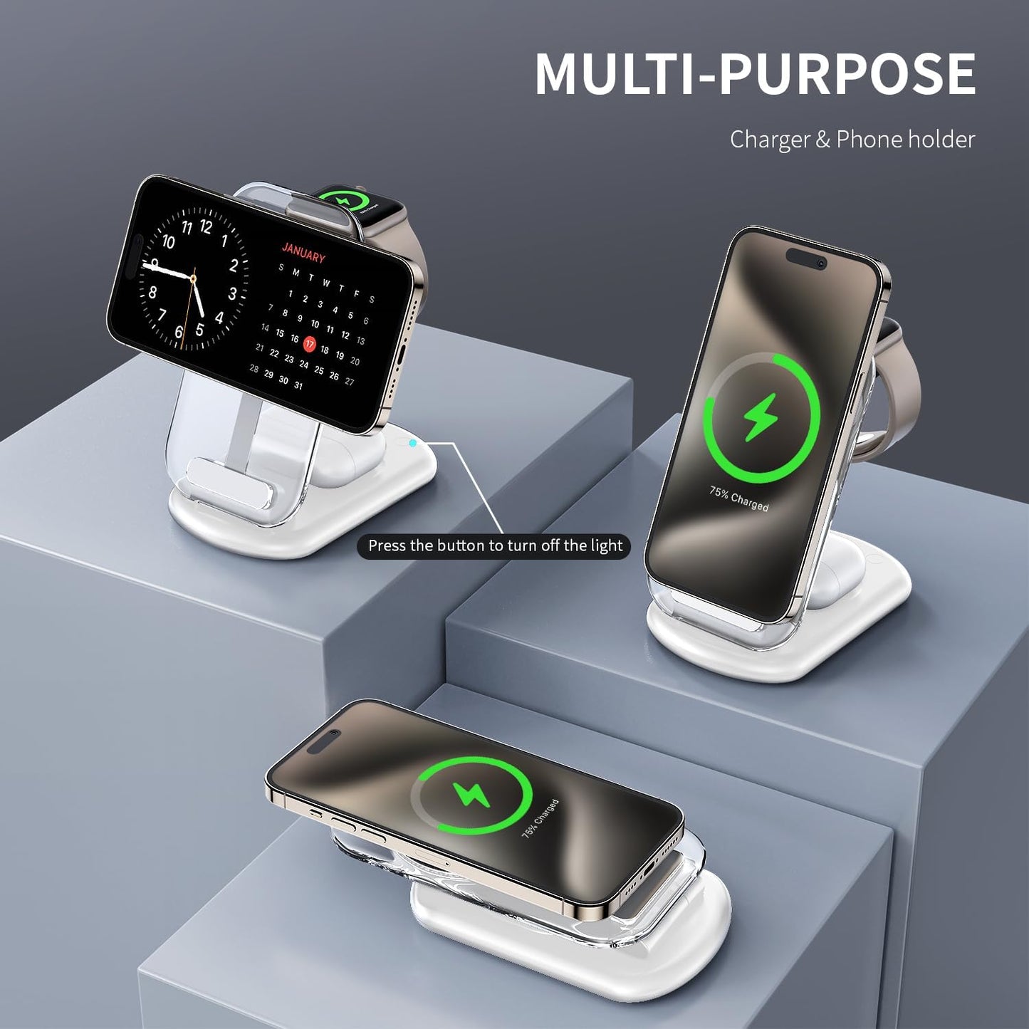 2026 Traveling Wireless Mag-Safe Fast Charging Station,Magnetic 3 in 1 Charger with Light for Iphone 17 16 15 14 13 12 Pro Max Plus,Apple Watch& Air Pods 4 3 2 Pro-Gifts for Wife & Husband(White)