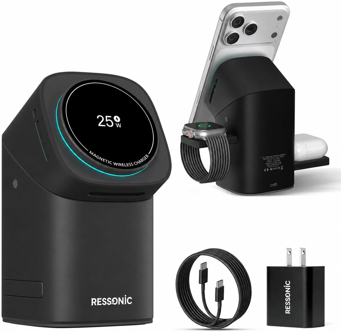 3 in 1 Wireless Charging Station for Apple & Samsung, 25W Fast Magnetic Wireless Charger Stand for Magsafe Iphone 17/16/15/14/13/12 Pro Max, Galaxy S25/24/23/22, Airpods, Iwatch (With 45W Adapter)