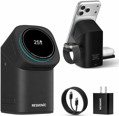 3 in 1 Wireless Charging Station for Apple & Samsung, 25W Fast Magnetic Wireless Charger Stand for Magsafe Iphone 17/16/15/14/13/12 Pro Max, Galaxy S25/24/23/22, Airpods, Iwatch (With 45W Adapter)