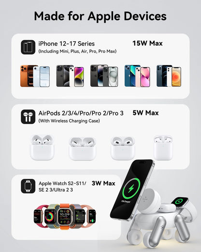 3 in 1 Charging Station for Apple Devices, Magnetic Wireless Fast Charger Stand Compatible with Magsafe for Iphone 17/16/15/14/13/12/Air Series, Apple Watch & Airpods