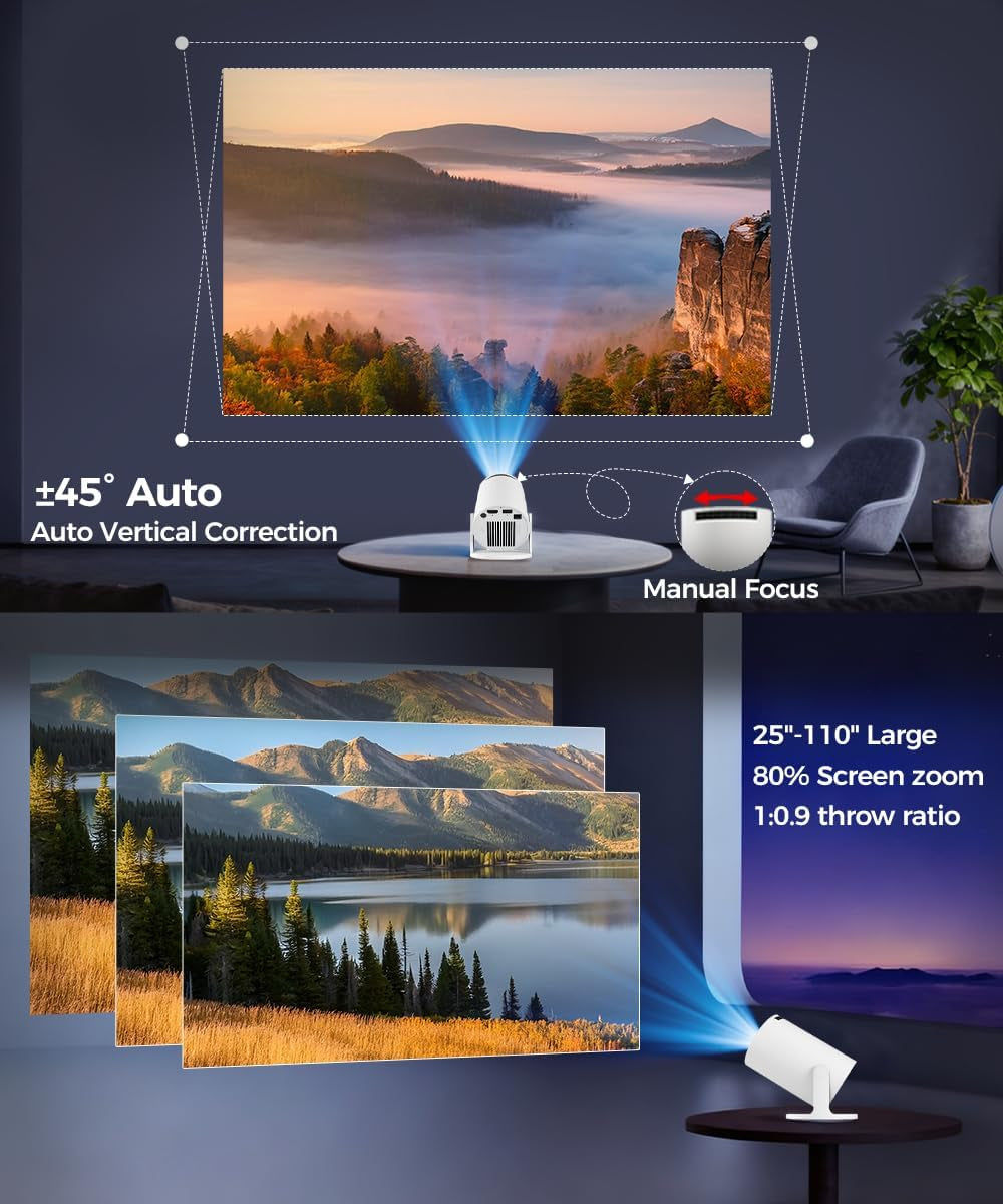 Mini Projector with Wifi and Bluetooth, 4K Support Smart Portable Projector, Small Proyector with 200Ansl & Autokeystone, 180° Rotation Hy300Pro Video Proyector for Bedroom, Movie, Outdoor