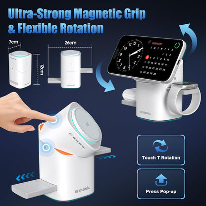 3 in 1 Wireless Charging Station for Apple & Samsung, 25W Fast Magnetic Wireless Charger Stand for Magsafe Iphone 17/16/15/14/13/12 Pro Max, Galaxy S25/24/23/22, Airpods, Iwatch (With 45W Adapter)
