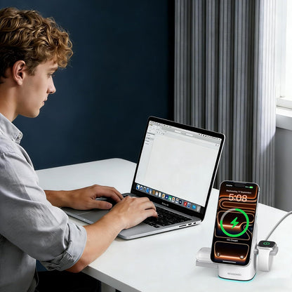 3 in 1 Wireless Charging Station for Apple & Samsung, 25W Fast Magnetic Wireless Charger Stand for Magsafe Iphone 17/16/15/14/13/12 Pro Max, Galaxy S25/24/23/22, Airpods, Iwatch (With 45W Adapter)