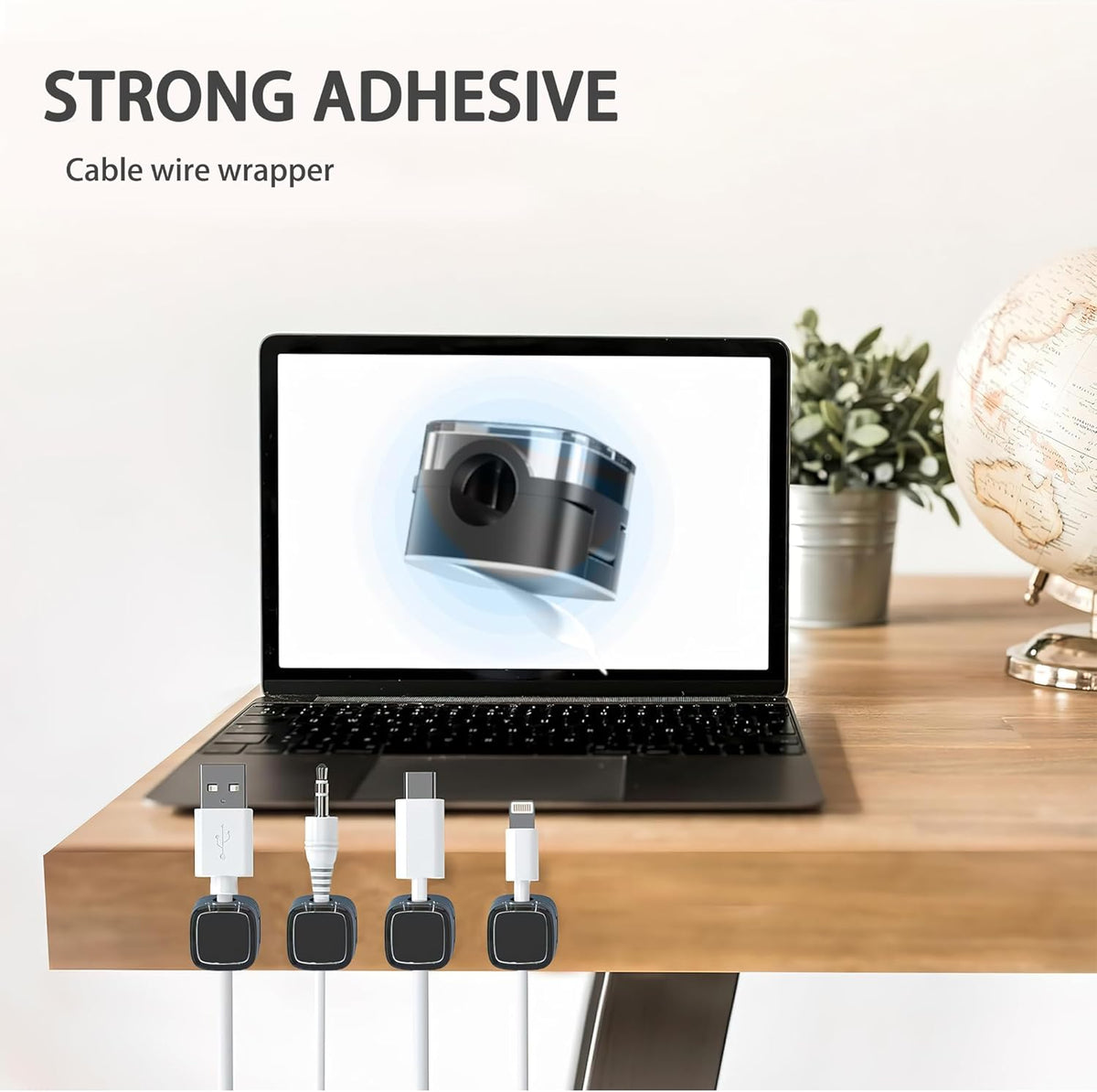 Magnetic cable clips keeping TV and computer cables neatly arranged