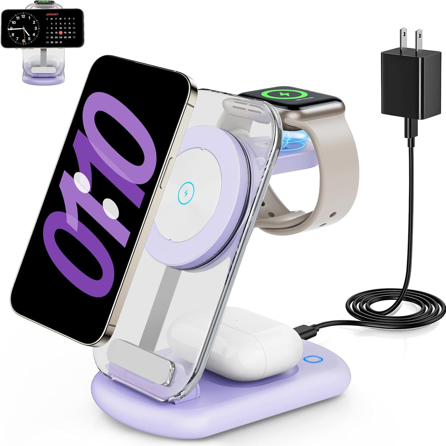 2026 Traveling Wireless Mag-Safe Fast Charging Station,Magnetic 3 in 1 Charger with Light for Iphone 17 16 15 14 13 12 Pro Max Plus,Apple Watch& Air Pods 4 3 2 Pro-Gifts for Wife & Husband(White)