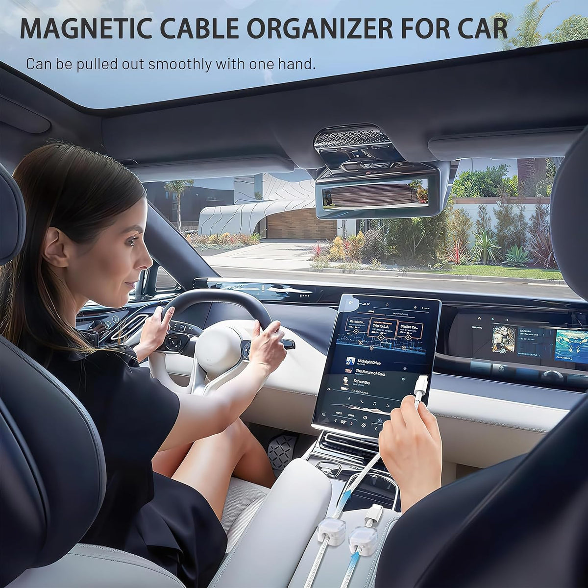 Magnetic cable clips securing charging cords inside a car