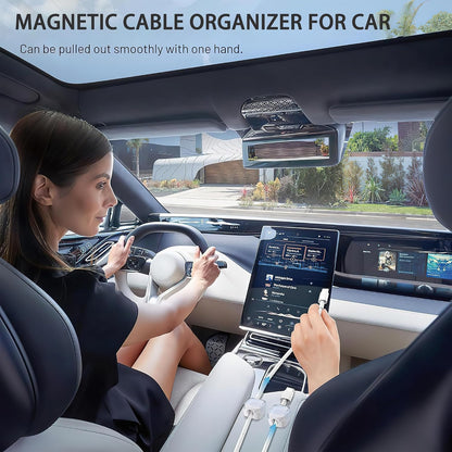 Magnetic cable clips securing charging cords inside a car