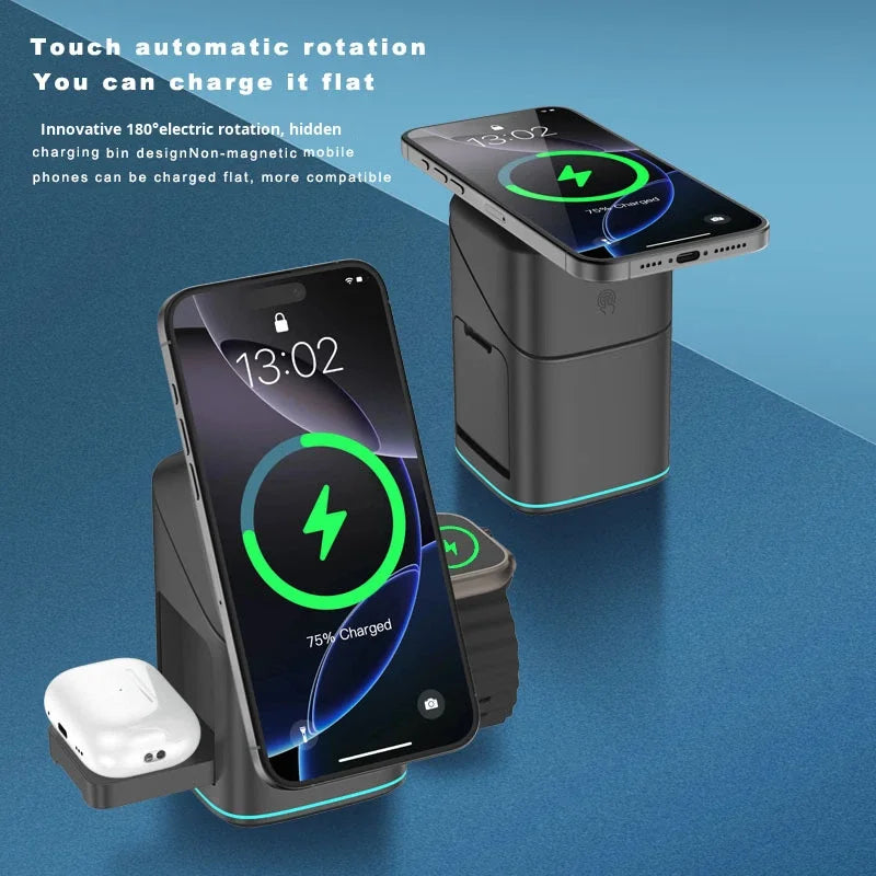 New Product Qi2 3-In-1 Magnetic Wireless Charger Touch Electric Rotation 15W for for with Earphone Use
