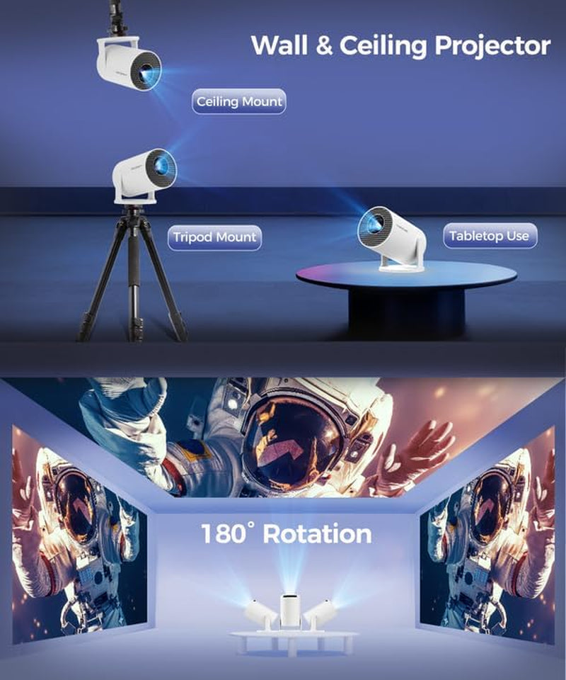 Mini Projector with Wifi and Bluetooth, 4K Support Smart Portable Projector, Small Proyector with 200Ansl & Autokeystone, 180° Rotation Hy300Pro Video Proyector for Bedroom, Movie, Outdoor
