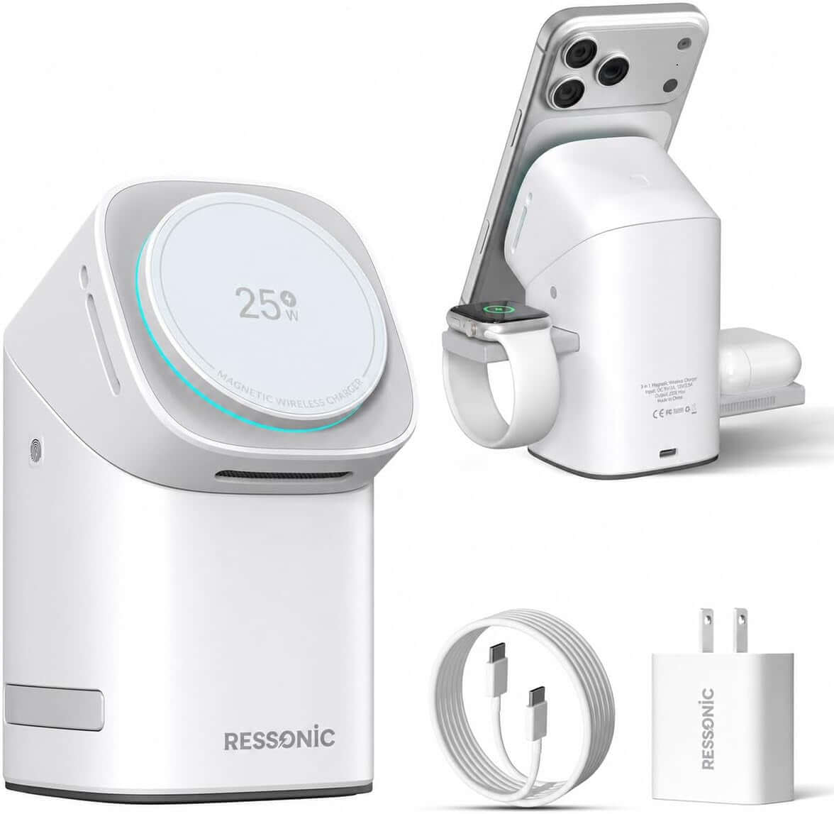 3-in-1 Magnetic Charging Station for iPhone, Apple Watch & AirPods with sleek design and accessories.