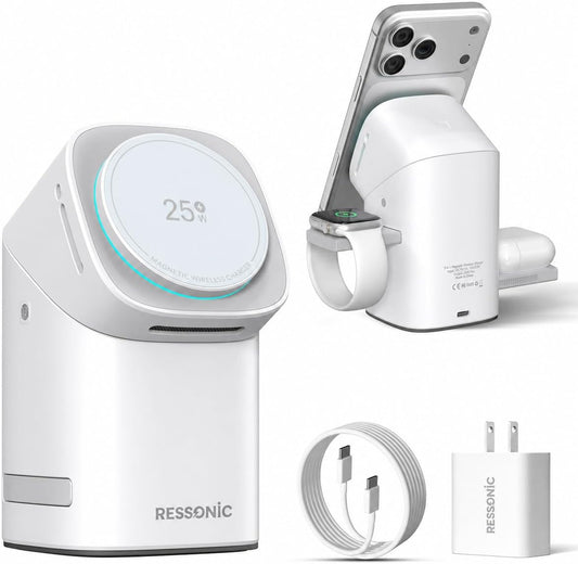 3 in 1 Wireless Charging Station for Apple & Samsung, 25W Fast Magnetic Wireless Charger Stand for Magsafe Iphone 17/16/15/14/13/12 Pro Max, Galaxy S25/24/23/22, Airpods, Iwatch (With 45W Adapter)