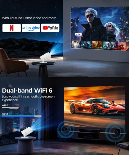 Mini Projector with Wifi and Bluetooth, 4K Support Smart Portable Projector, Small Proyector with 200Ansl & Autokeystone, 180° Rotation Hy300Pro Video Proyector for Bedroom, Movie, Outdoor